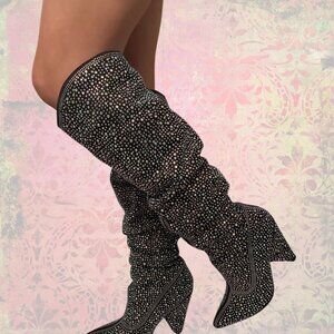 Women's Rhinestone Heeled Slouchy Boots Size 8 Black Silver